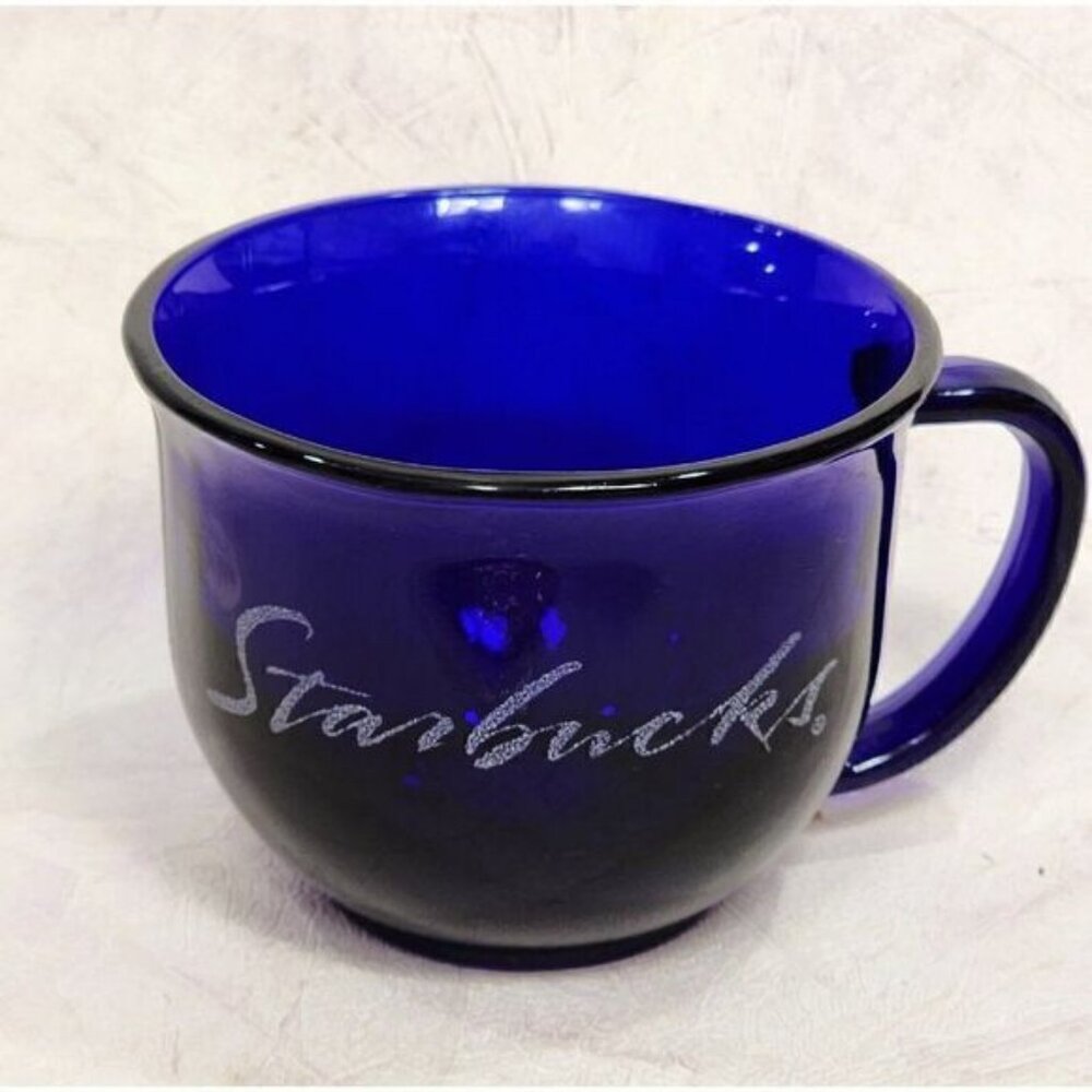 STARBUCKS Perfect! Cobalt Blue Glass Coffee Mugs 16 oz Sparkly Script Pair (2)